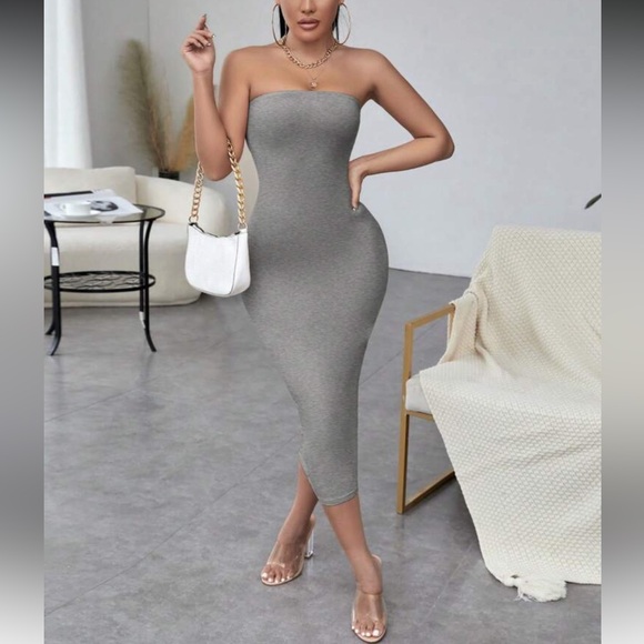 Elegant Gray Strapless Midi Dress - Picture 2 of 14